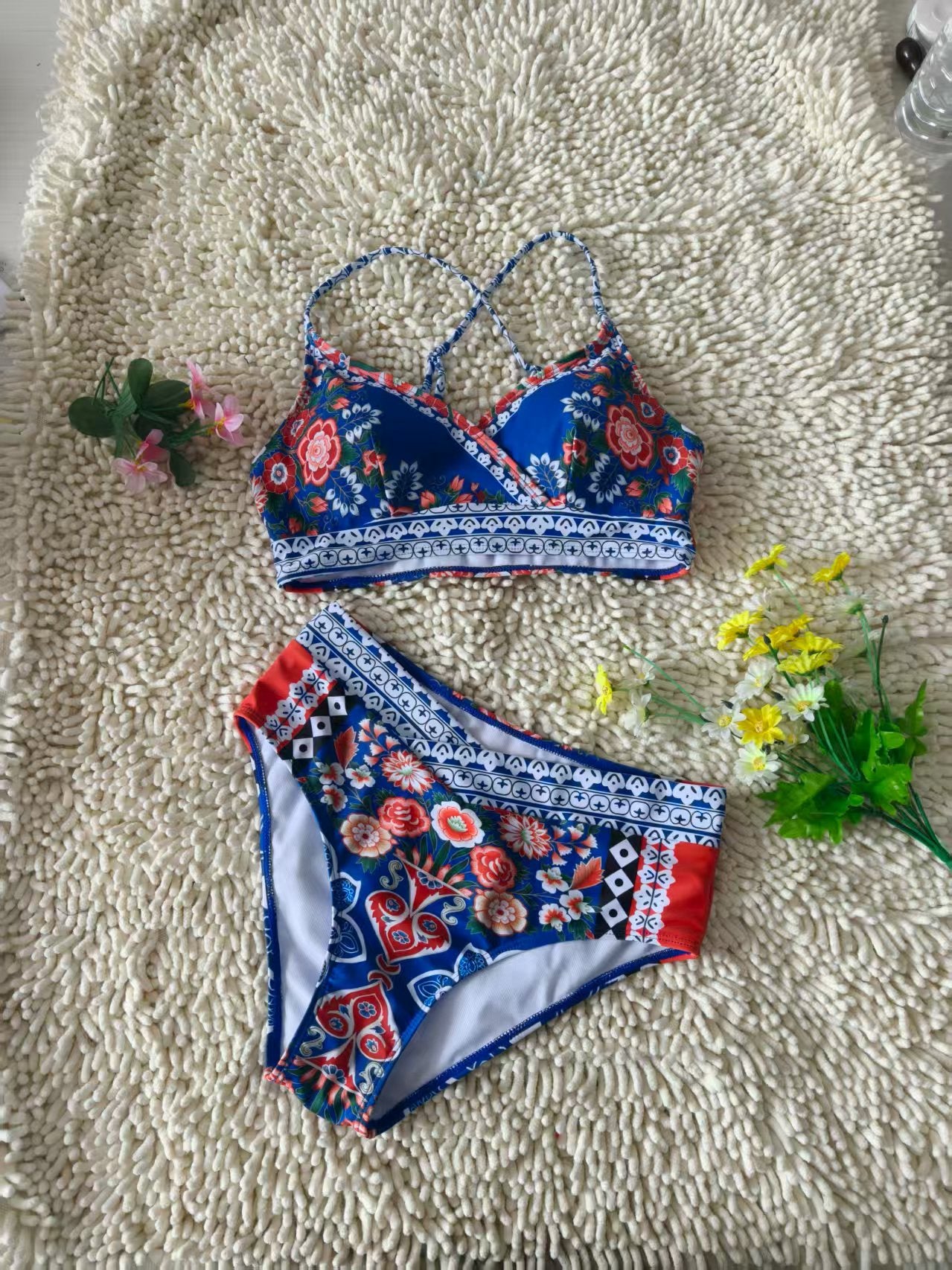 Crossover Design Backless Underwear Comfort Swimwear Printed Deep V Bikini Size L
