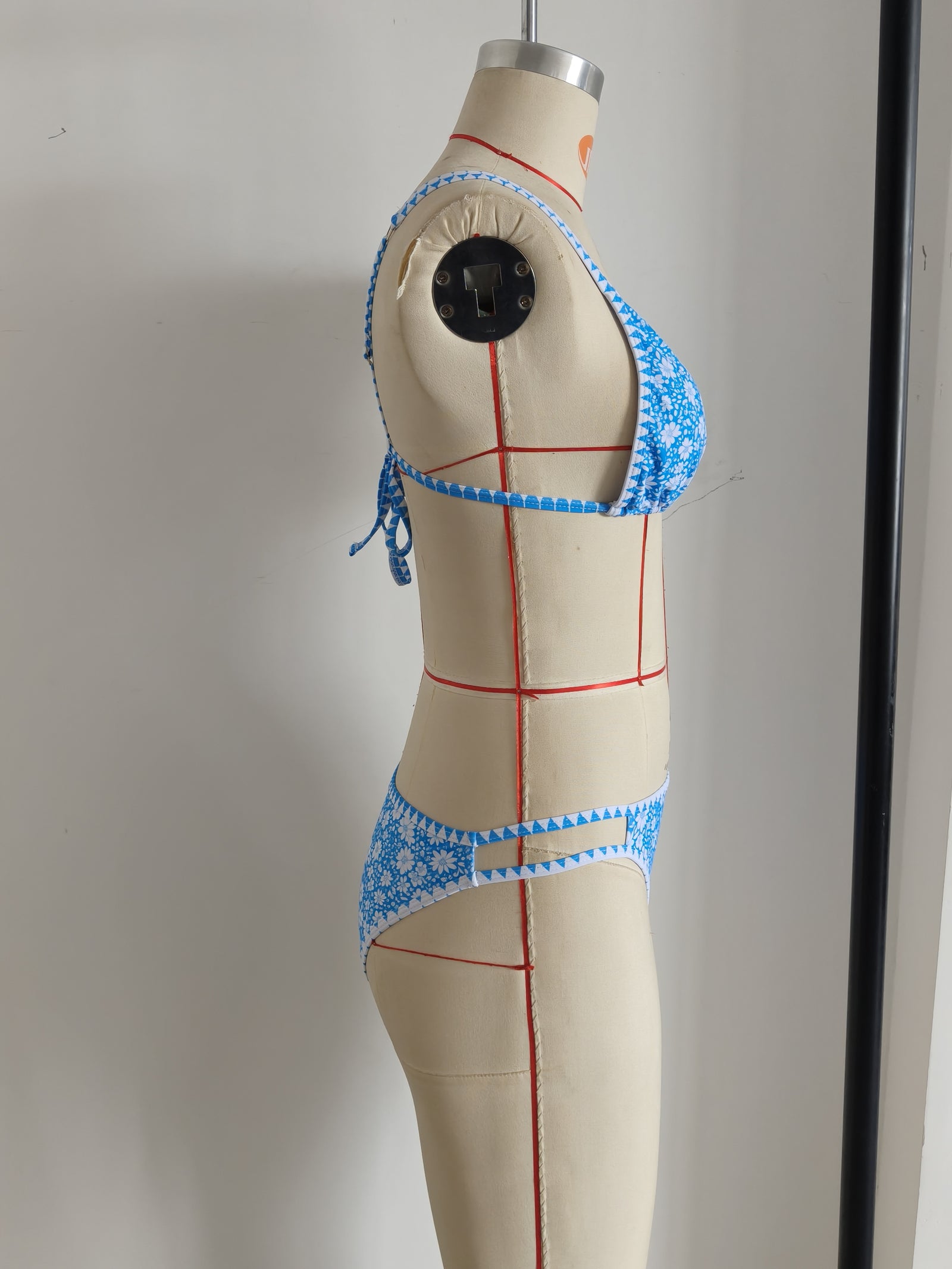 Adjustable Strap Blue Floral Print Swimwear Set Size S