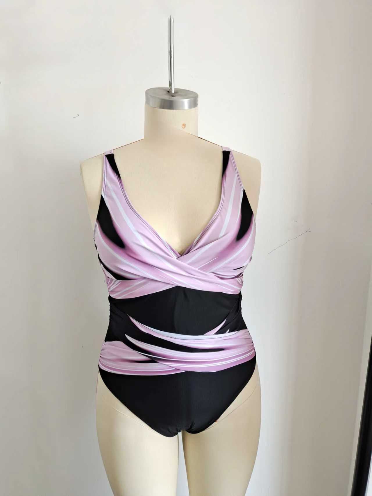 Plus Size One-Piece Deep V-Neck Swimsuit with Waist Tie Design Size 3XL