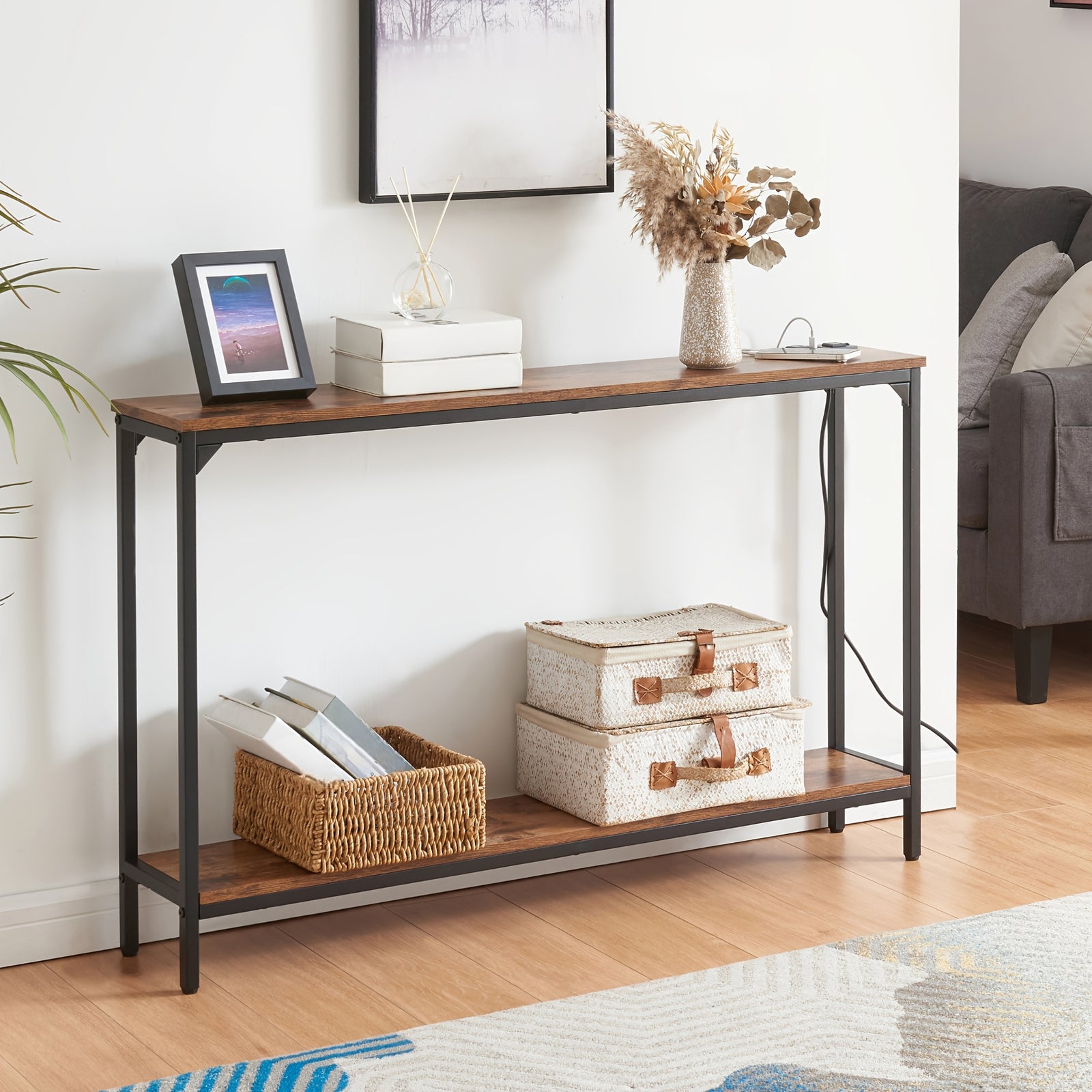 2 Tier Console Table with Power Outlets and USB Ports, Wood Entryway Table with Charging Station & Storage Shelf, Narrow 2-Tier Sofa Table for Living Room Hallway Foyer