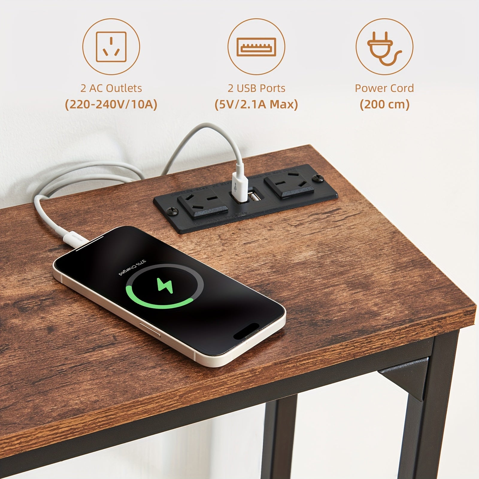 2 Tier Console Table with Power Outlets and USB Ports, Wood Entryway Table with Charging Station & Storage Shelf, Narrow 2-Tier Sofa Table for Living Room Hallway Foyer