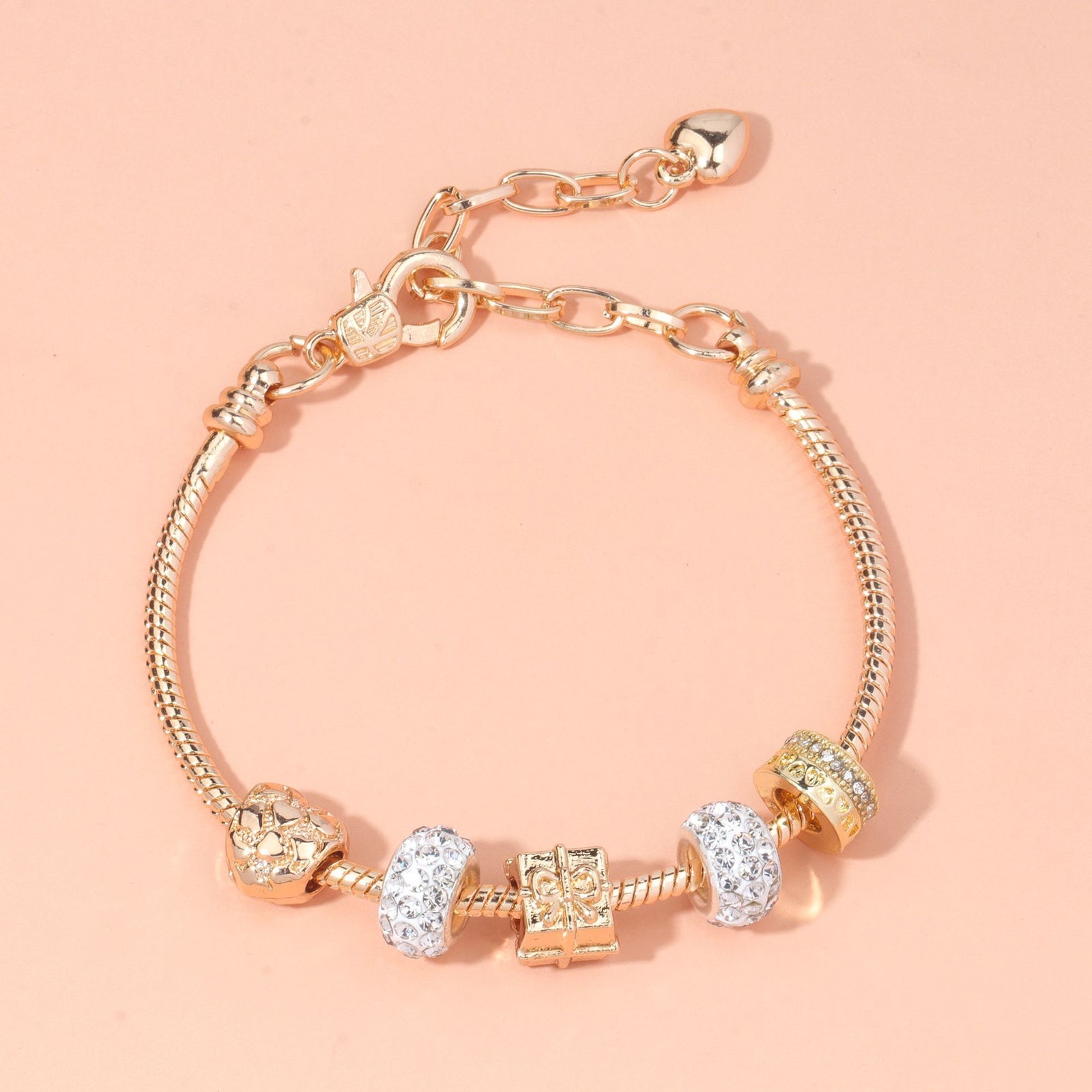 Rose Gold Crystal & Heart Charm Bracelet(rose gold,18cm)
