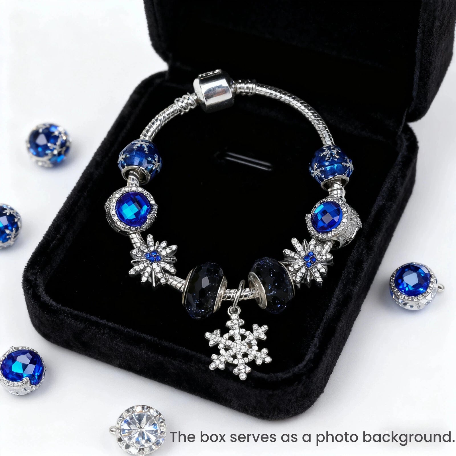 Rhinestone Blue Cat’s Eye Starry Glaze Beads Bracelet with Snowflake Pendant(18cm)