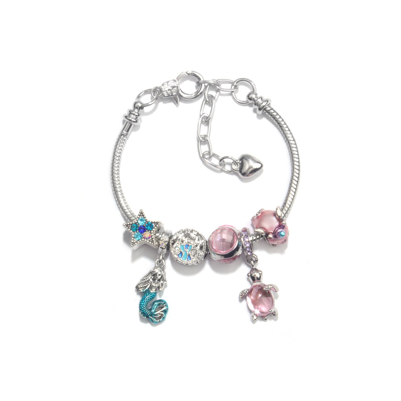 Rhinestone Star Alloy Bracelet with Mermaid & Turtle Charms Cute Pig & Glass Beads Jewelry(19cm)