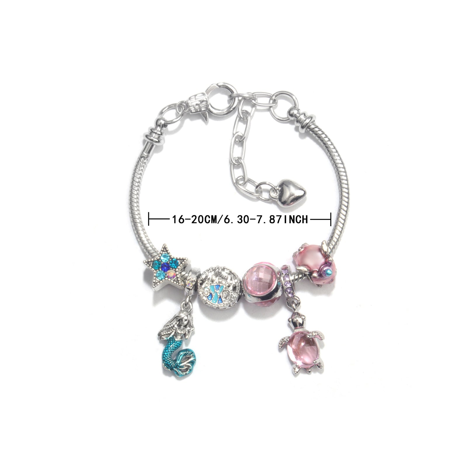 Rhinestone Star Alloy Bracelet with Mermaid & Turtle Charms Cute Pig & Glass Beads Jewelry(19cm)
