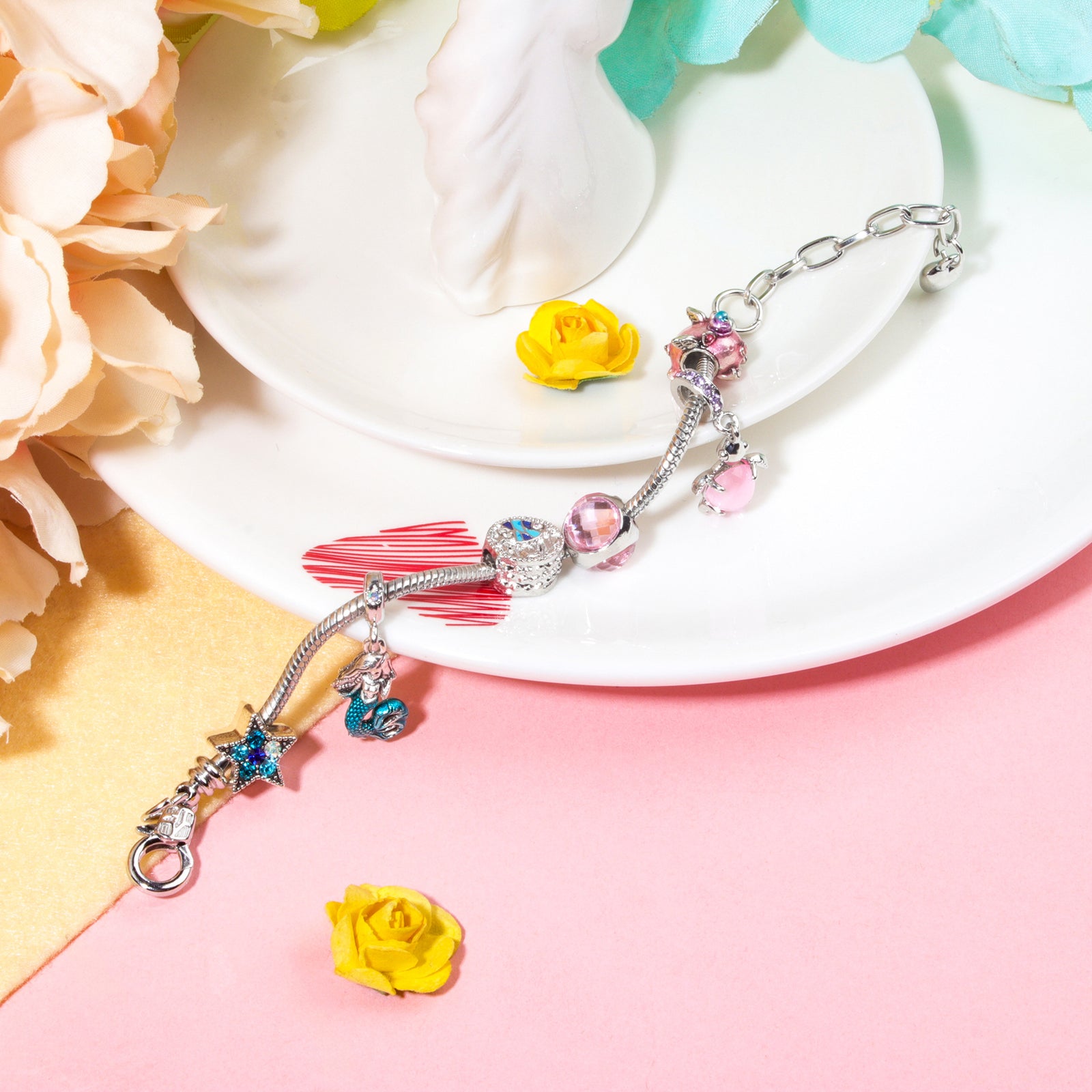 Rhinestone Star Alloy Bracelet with Mermaid & Turtle Charms Cute Pig & Glass Beads Jewelry(21cm)