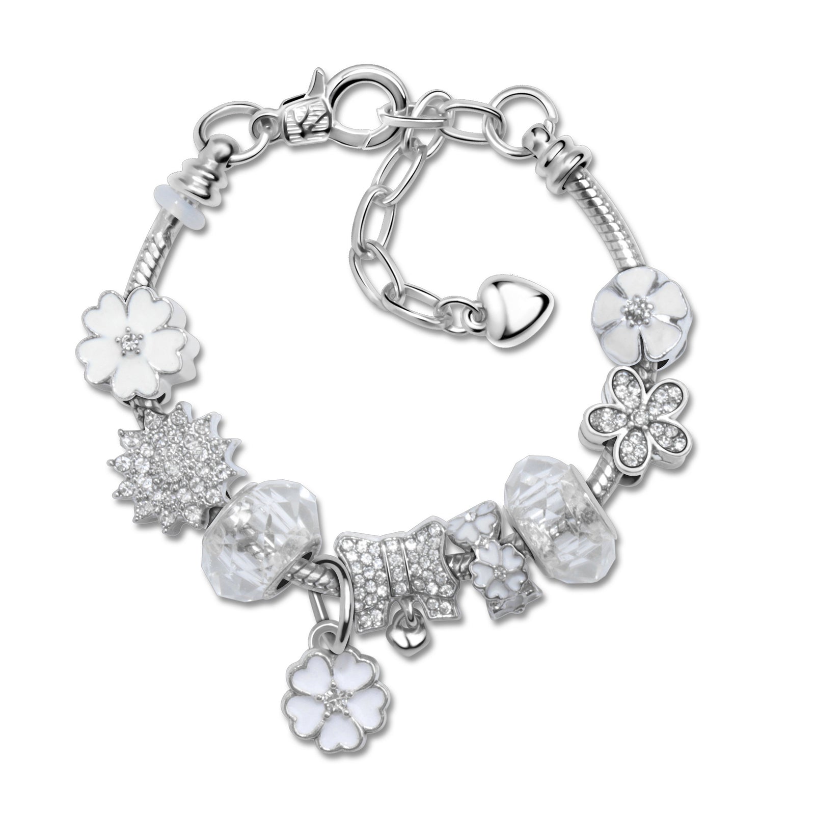 Alloy Bracelet with Rhinestone, Glass Beads & White Magnolia Pendant(19cm)