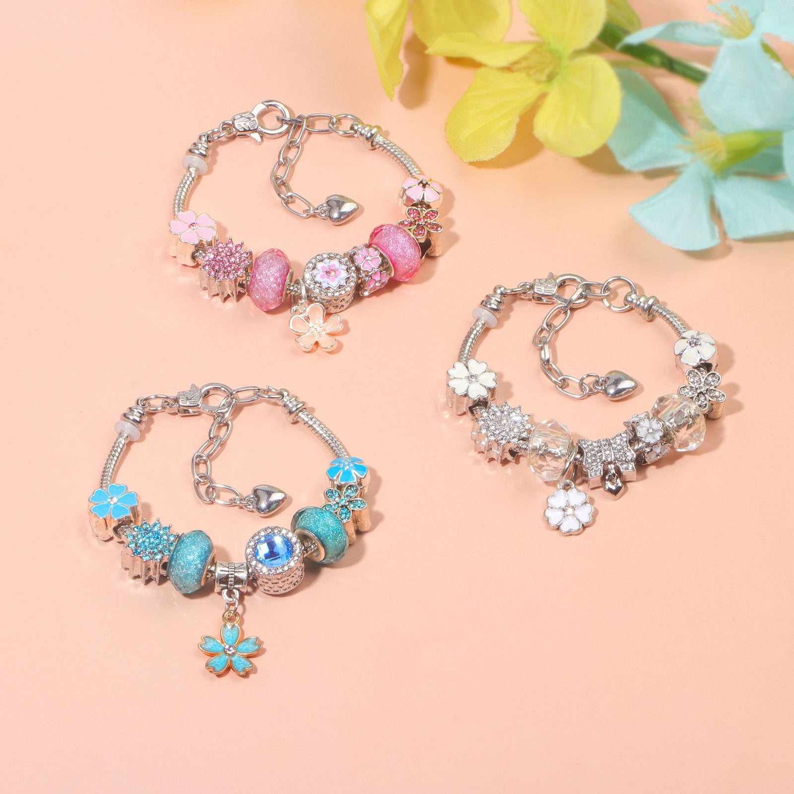 Pink Rhinestone Glass Enamel Bead Bracelet with Magnolia Pendant(18cm)