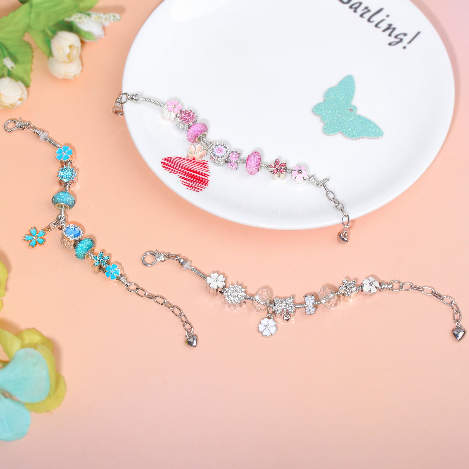 Pink Rhinestone Glass Enamel Bead Bracelet with Magnolia Pendant(18cm)