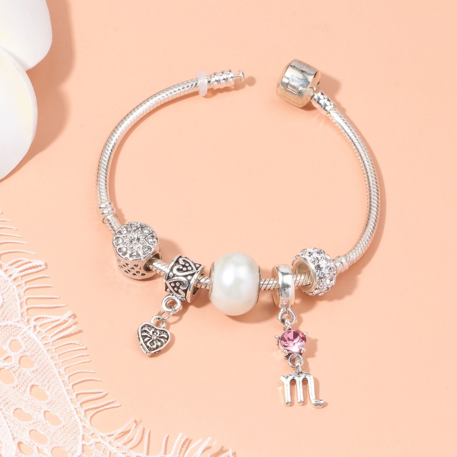 Constellation Heart Crystal Charm Bracelet(silver-toned,17cm)