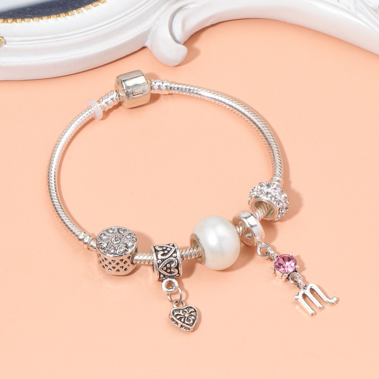 Constellation Heart Crystal Charm Bracelet(silver-toned,19cm)
