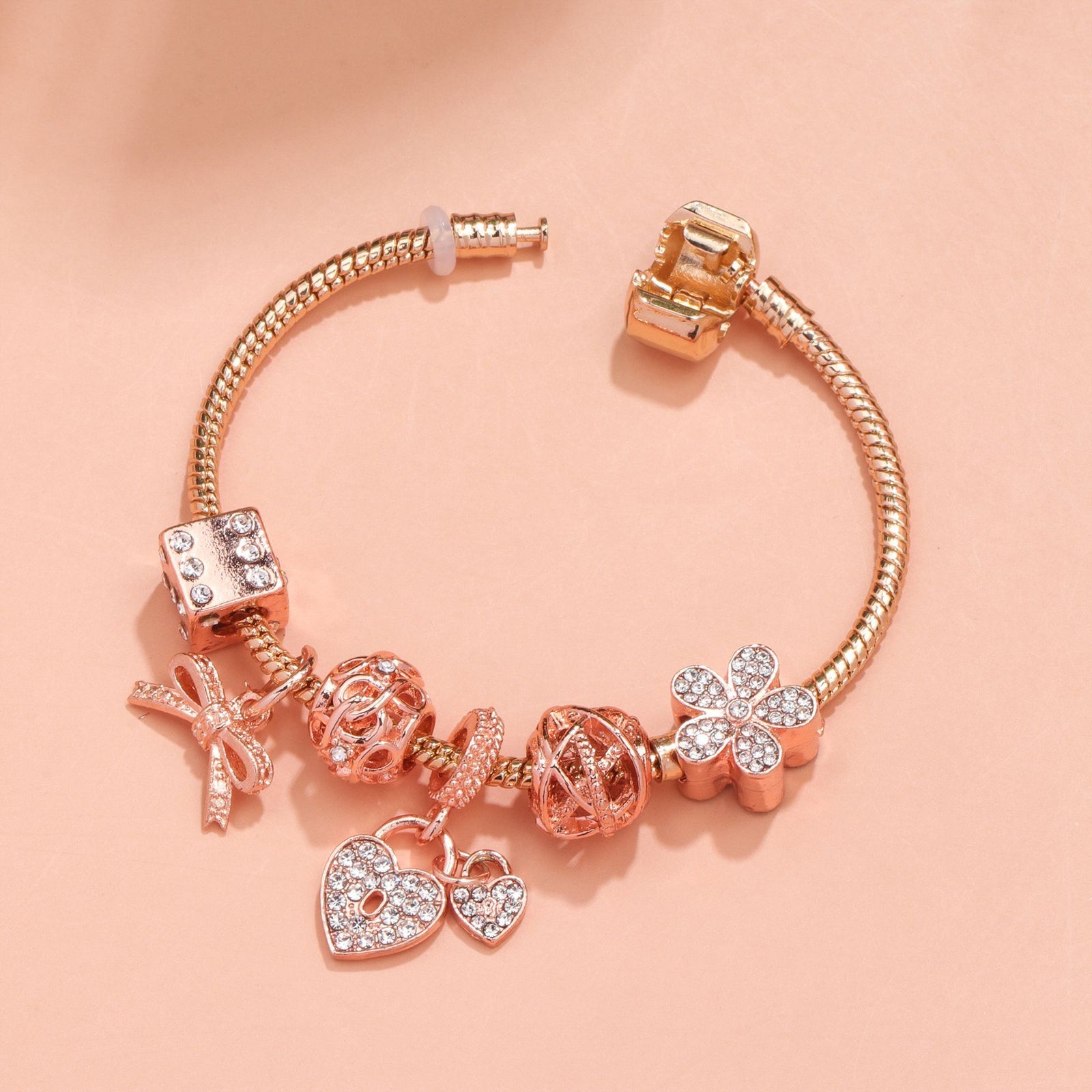 Hollow Out Crystal Flower Heart Bow Charm Bracelet(rose gold,21cm)