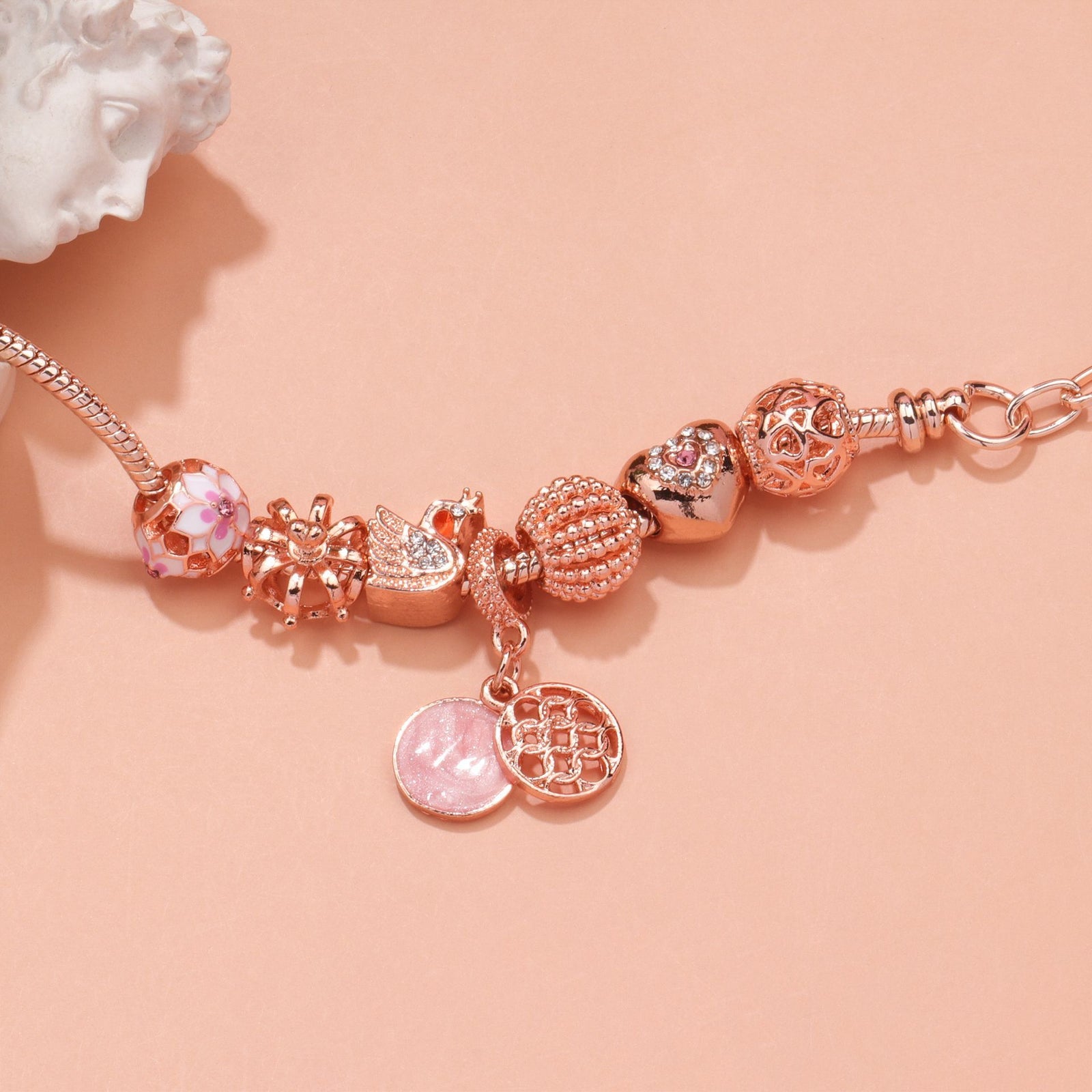 Hollow Crystal-Encrusted Swan Crown Flower Heart Bracelet(rose gold,17cm)