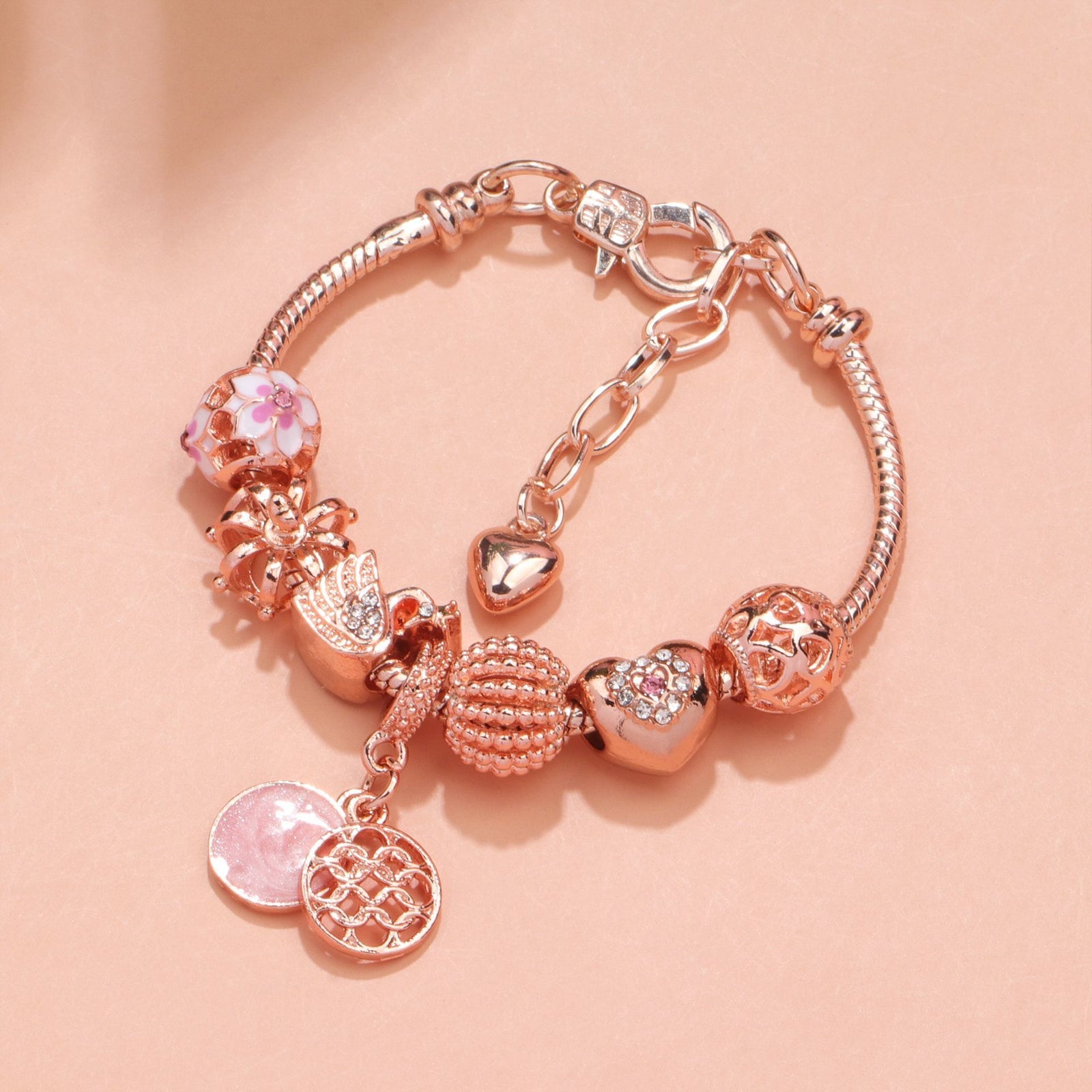 Hollow Crystal-Encrusted Swan Crown Flower Heart Bracelet(rose gold,17cm)