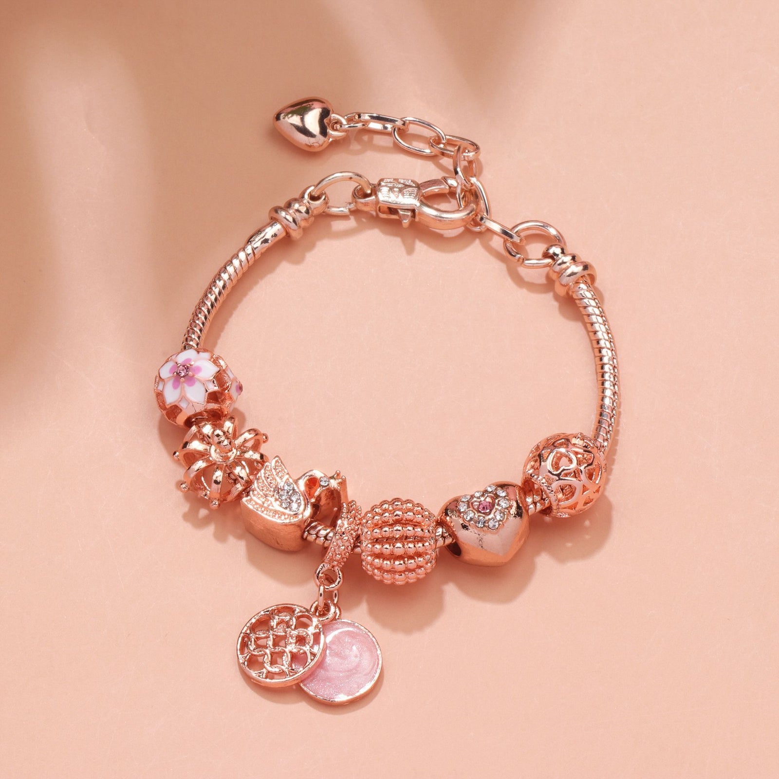 Hollow Crystal-Encrusted Swan Crown Flower Heart Bracelet(rose gold,18cm)