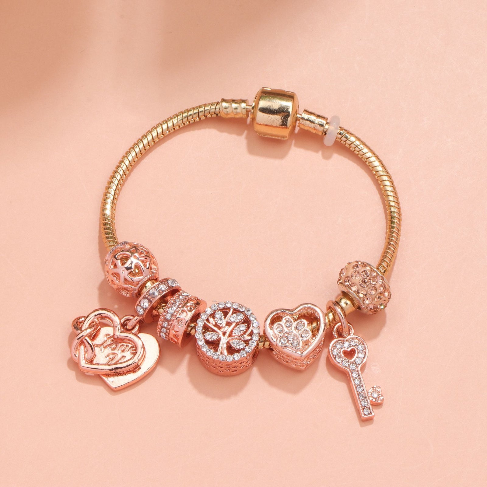 Crystal-studded Hollow Heart Key Tree of Life Bracelet(rose gold,17cm)