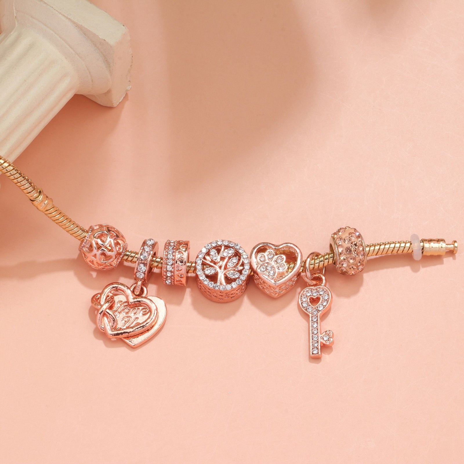Crystal-studded Hollow Heart Key Tree of Life Bracelet(rose gold,19cm)