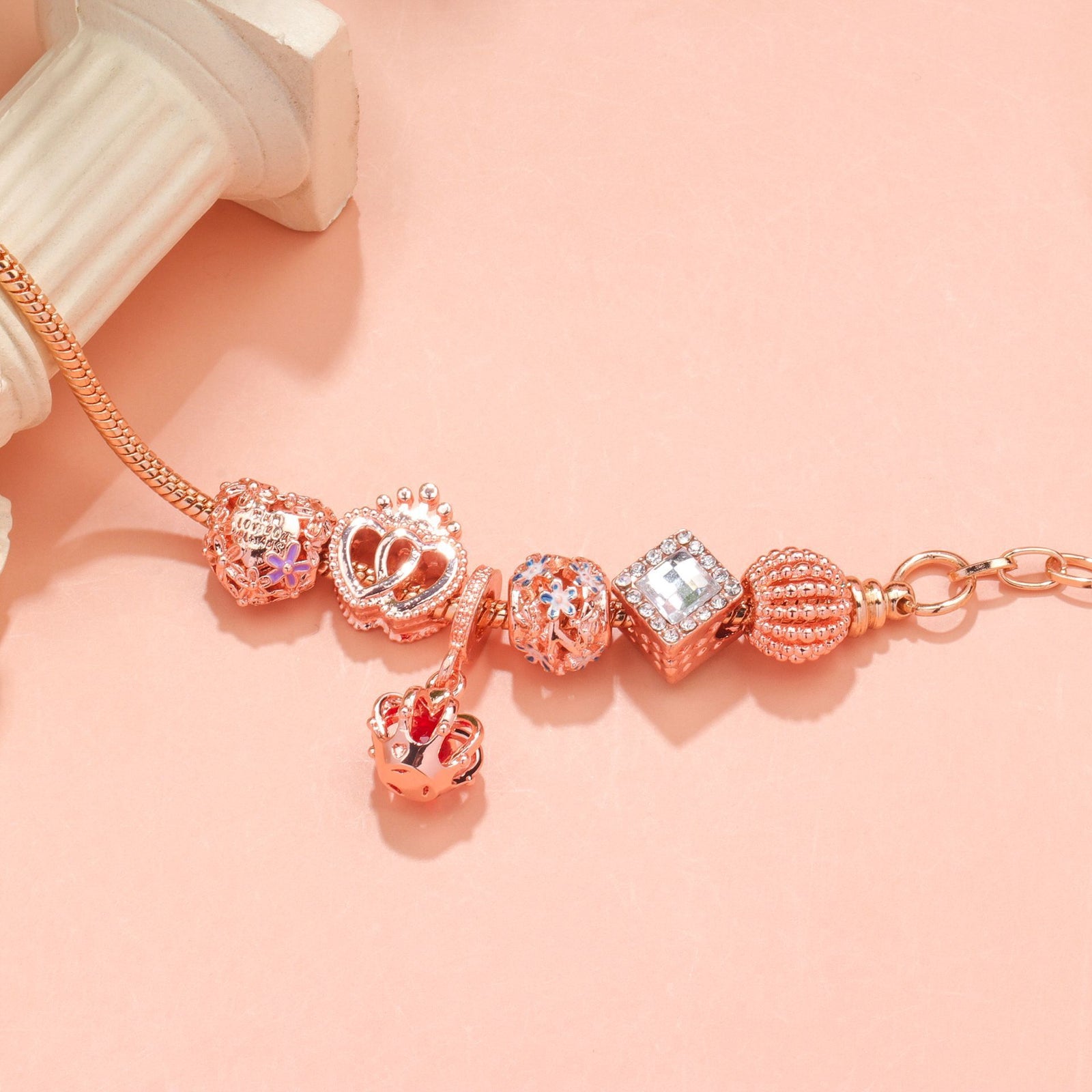 Hollow-out Rhinestone Heart Flower Charm Bracelet(rose gold,16cm)