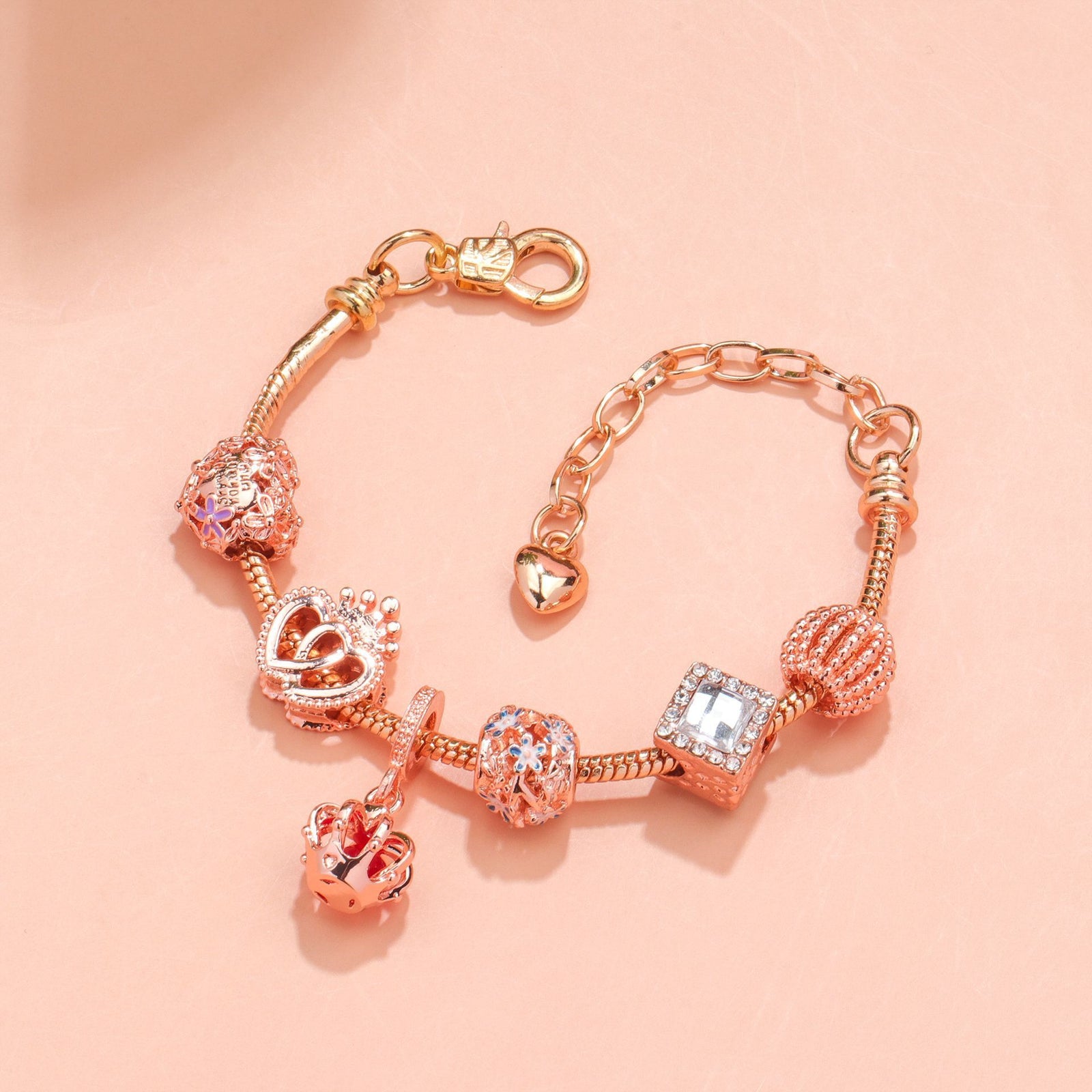 Hollow-out Rhinestone Heart Flower Charm Bracelet(rose gold,16cm)