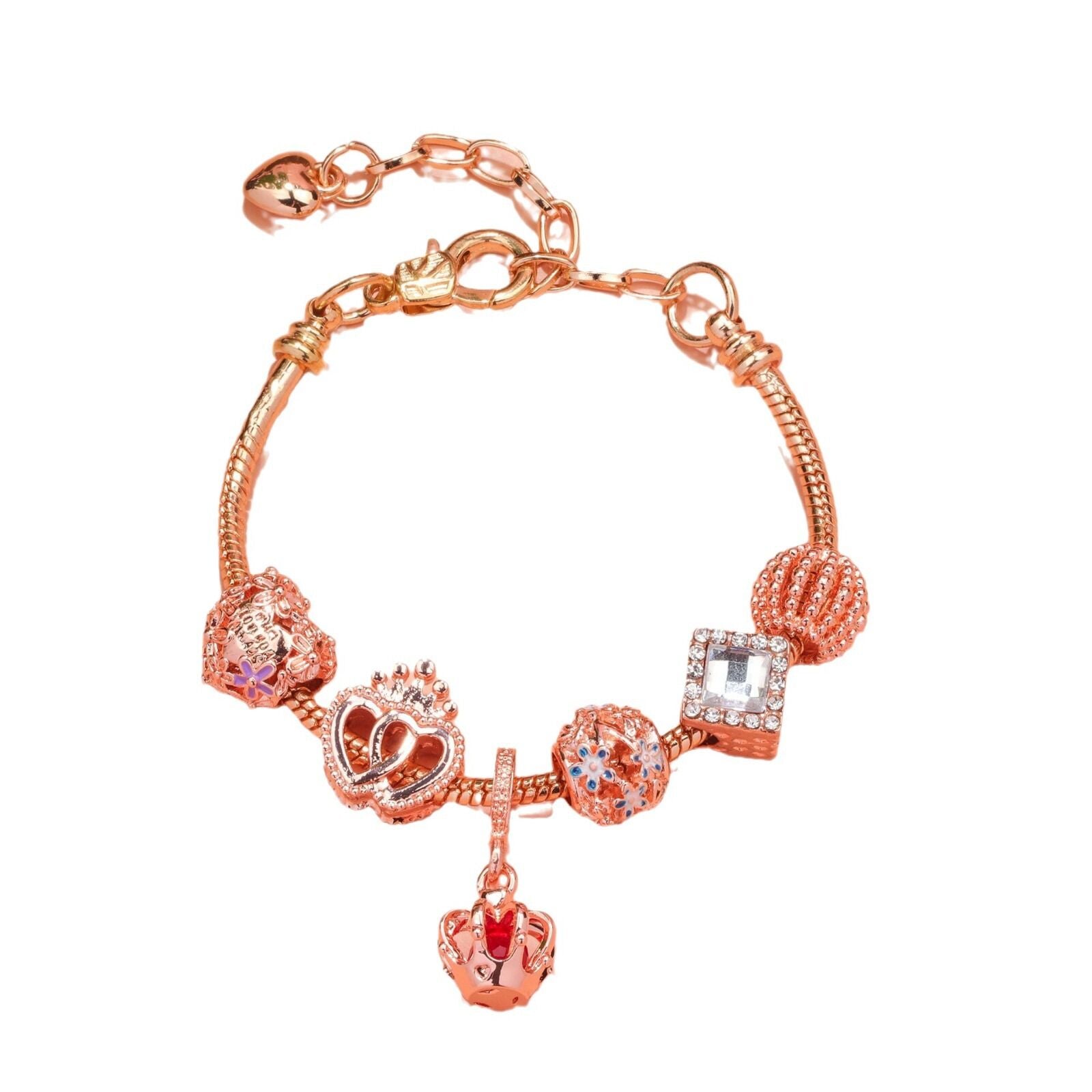 Hollow-out Rhinestone Heart Flower Charm Bracelet(rose gold,20cm)