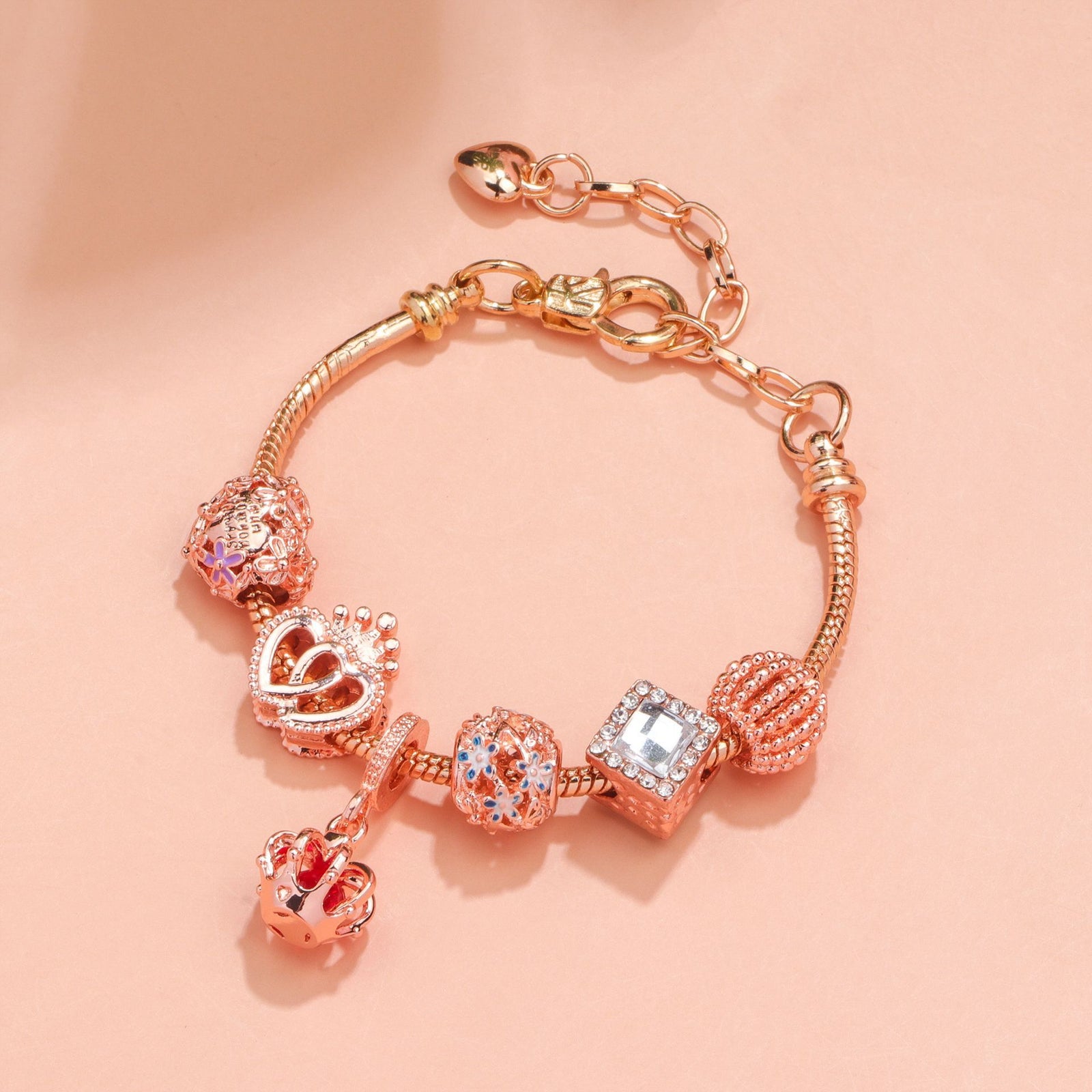 Hollow-out Rhinestone Heart Flower Charm Bracelet(rose gold,20cm)