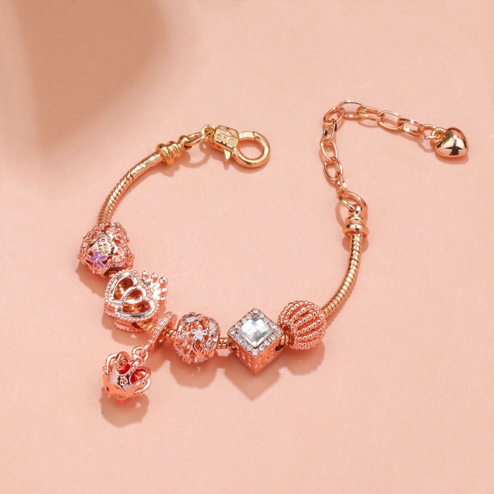 Hollow-out Rhinestone Heart Flower Charm Bracelet(rose gold,20cm)