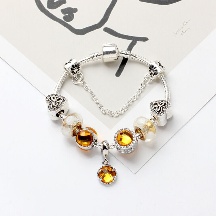 Yellow Zircon Heart Glass Beaded Bracelet with Rhinestones(18cm)