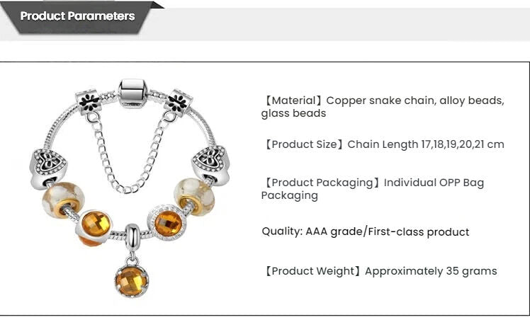 Yellow Zircon Heart Glass Beaded Bracelet with Rhinestones(20cm)