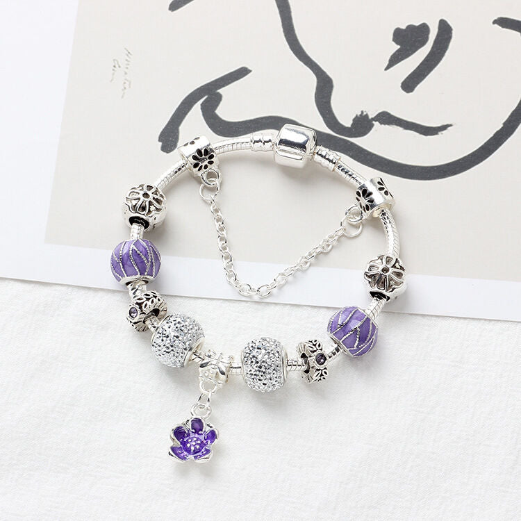 Vintage Alloy Charm Bracelet with Purple Flower Pendant, Crystal Beads(20cm)