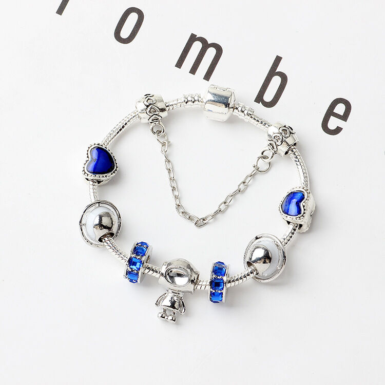 Sci-Fi Universe Spaceship Robot Blue Heart Beaded Bracelet with Rhinestones(19cm)