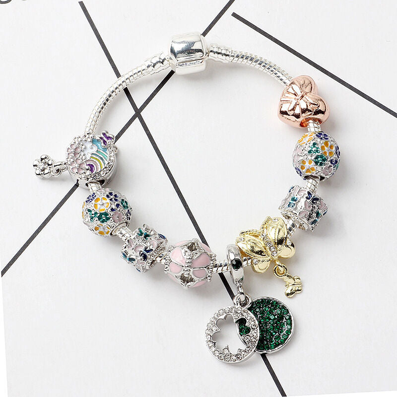 Rhinestone Inlaid Pastoral Style Butterfly Wreath Clover Pendant Bracelet(18cm)