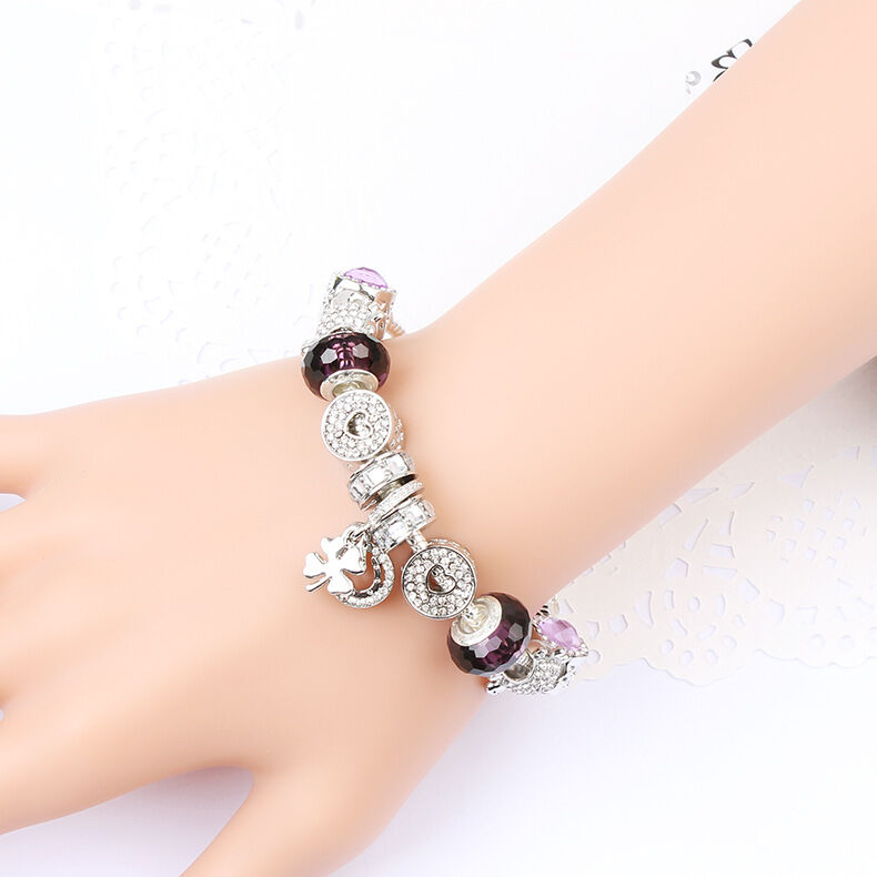 Charm Bracelet with Tortoise, Heart, Clover Pendant(Purple,18cm)