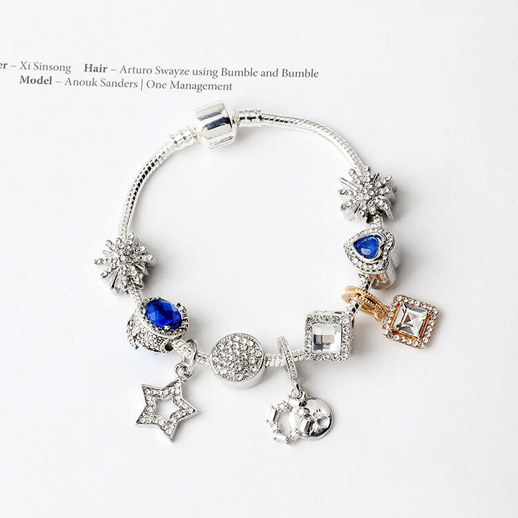 Sparkling Charm Bracelet with Smiley, Crystal, Rhinestone Beads & Hollow Star Zircon Pendants(18cm)