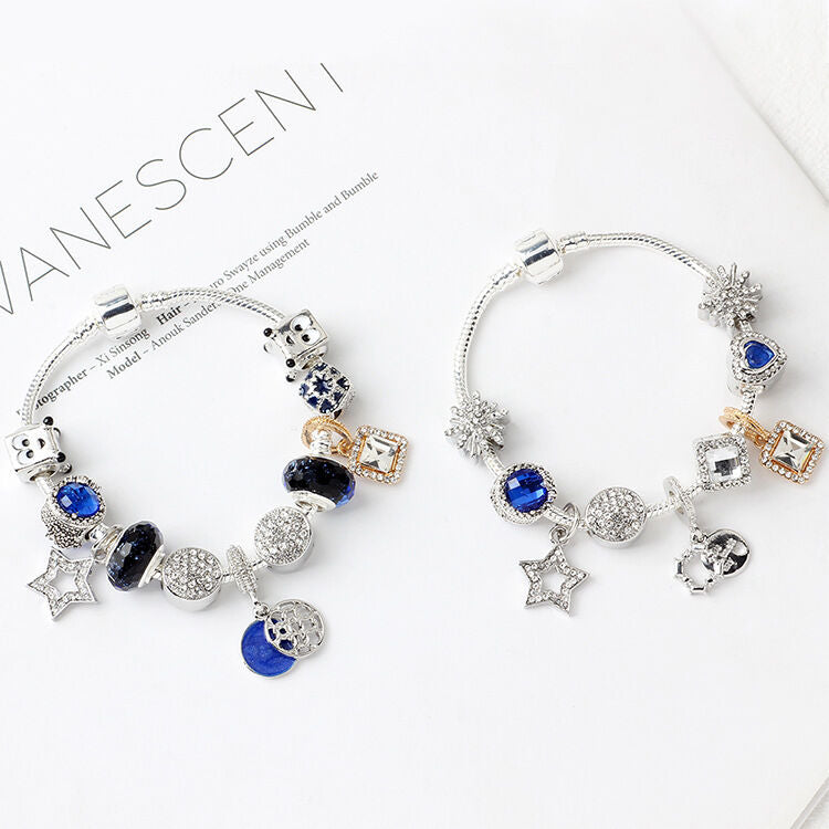 Fashion Charm Bracelet with Snowflake, Crystal, Rhinestone Beads & Hollow Star Zircon Pendant(18cm)