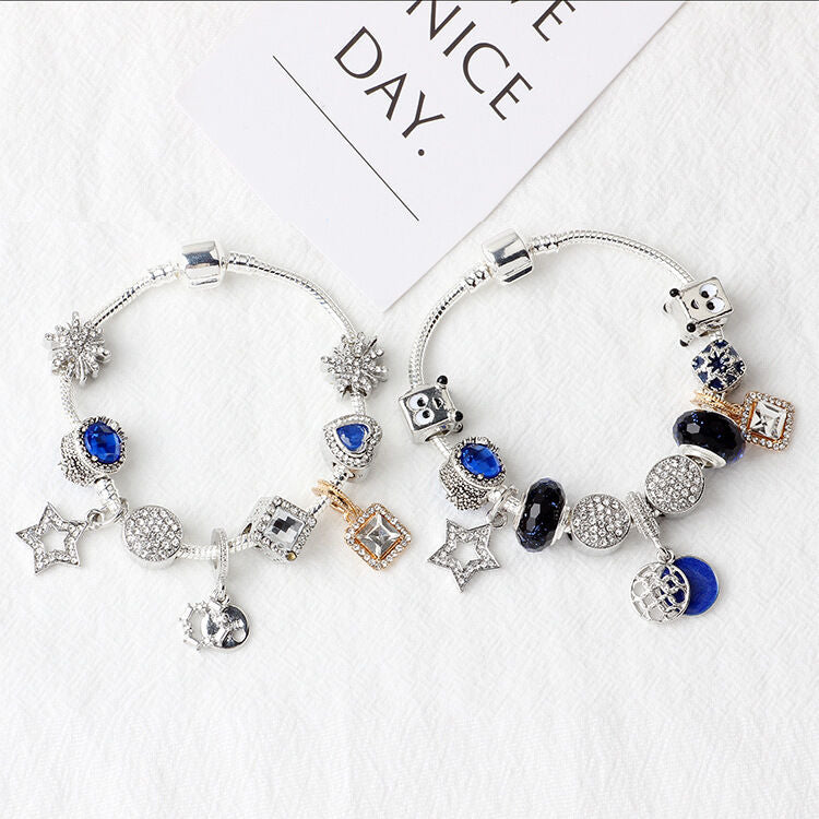 Fashion Charm Bracelet with Snowflake, Crystal, Rhinestone Beads & Hollow Star Zircon Pendant(19cm)