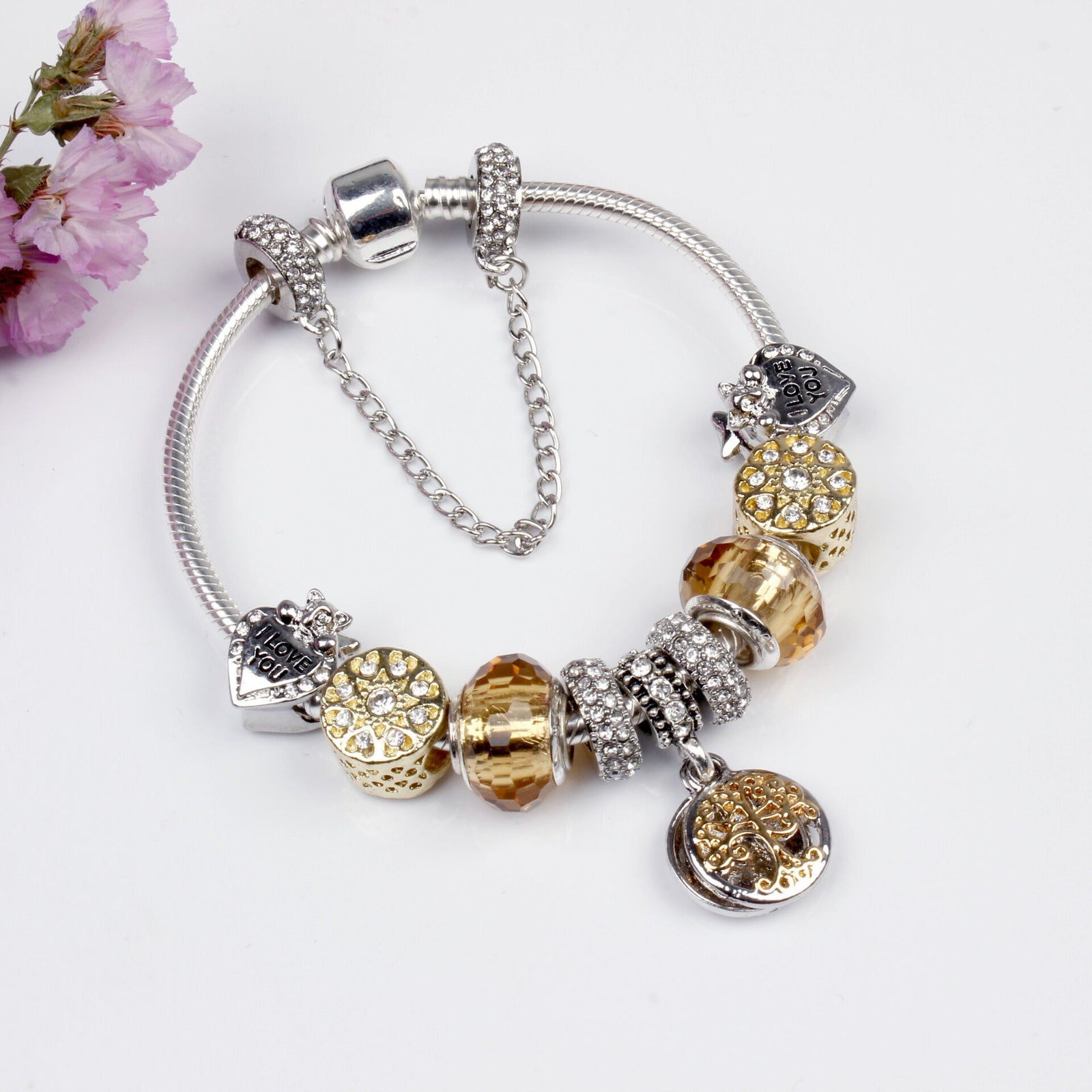 Crystal Bead & Tree of Life Pendant Bracelet with Rhinestones(19cm)