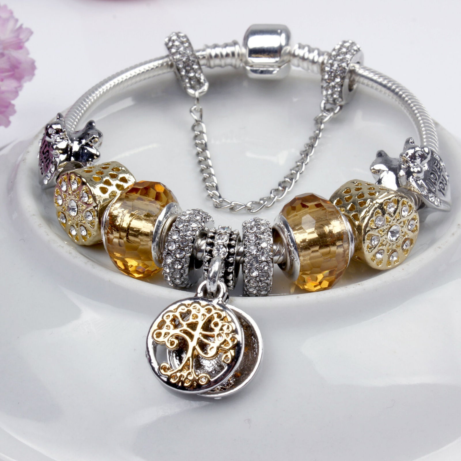 Crystal Bead & Tree of Life Pendant Bracelet with Rhinestones(19cm)
