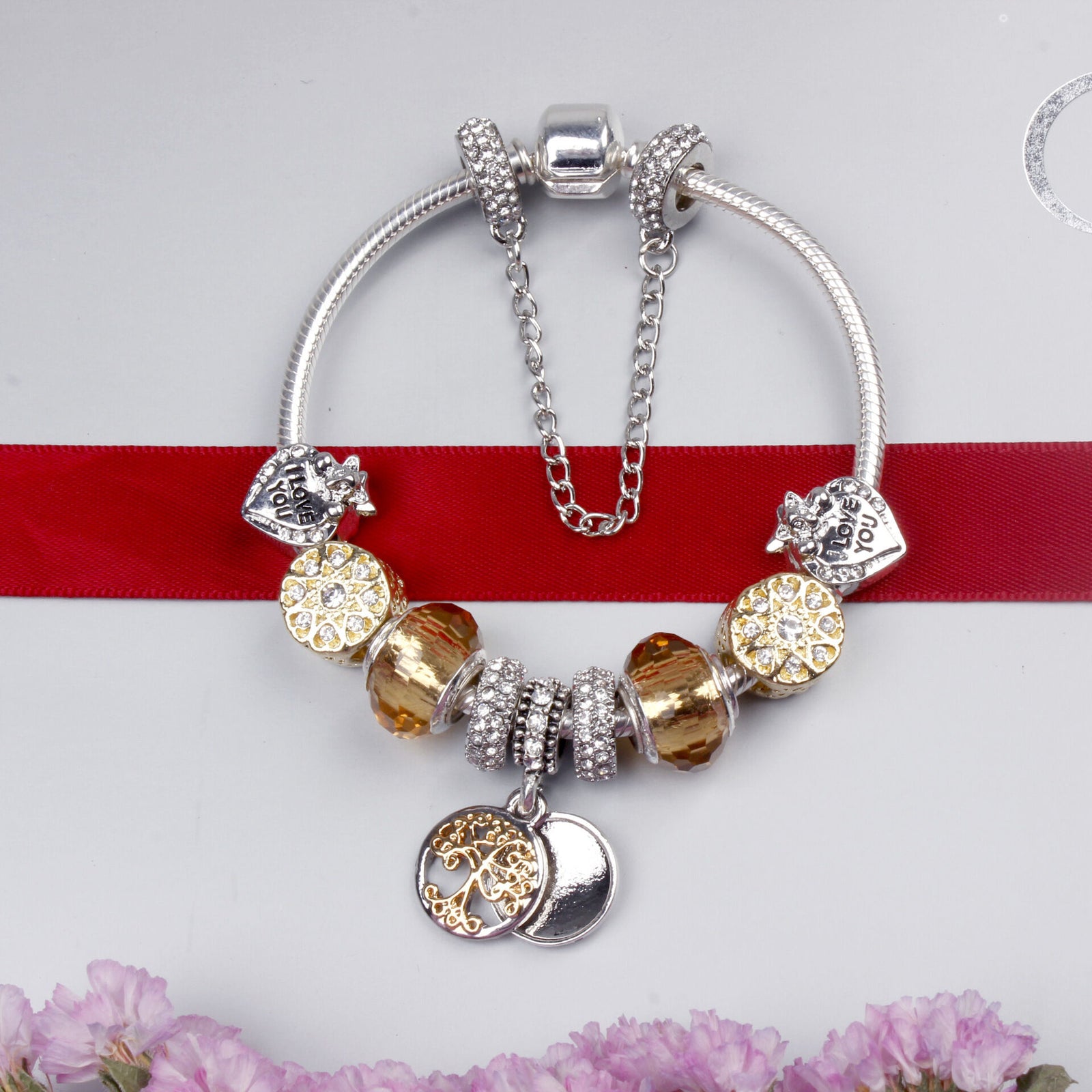 Crystal Bead & Tree of Life Pendant Bracelet with Rhinestones(20cm)