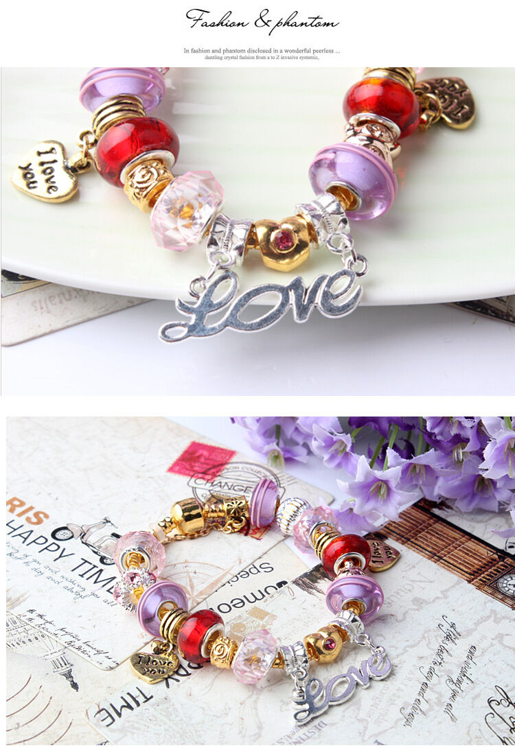 Love-Themed Beaded Bracelet with Crystal & Letter Pendant(18cm)