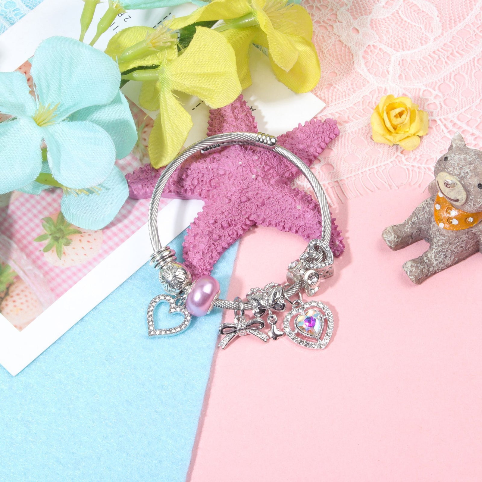 Cute Heart-shaped Beaded Bracelet with Rhinestones(19cm)