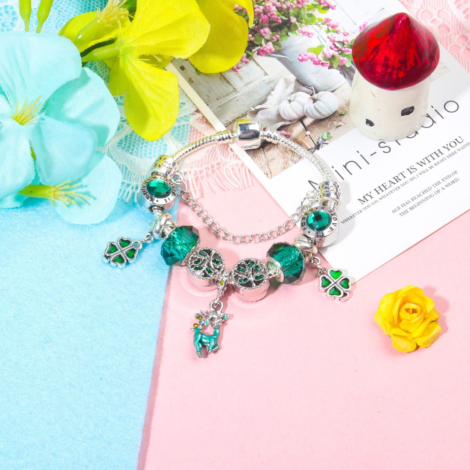 Colorful Cat Eye Glass Bead Clover Pendant Bracelet(19cm)