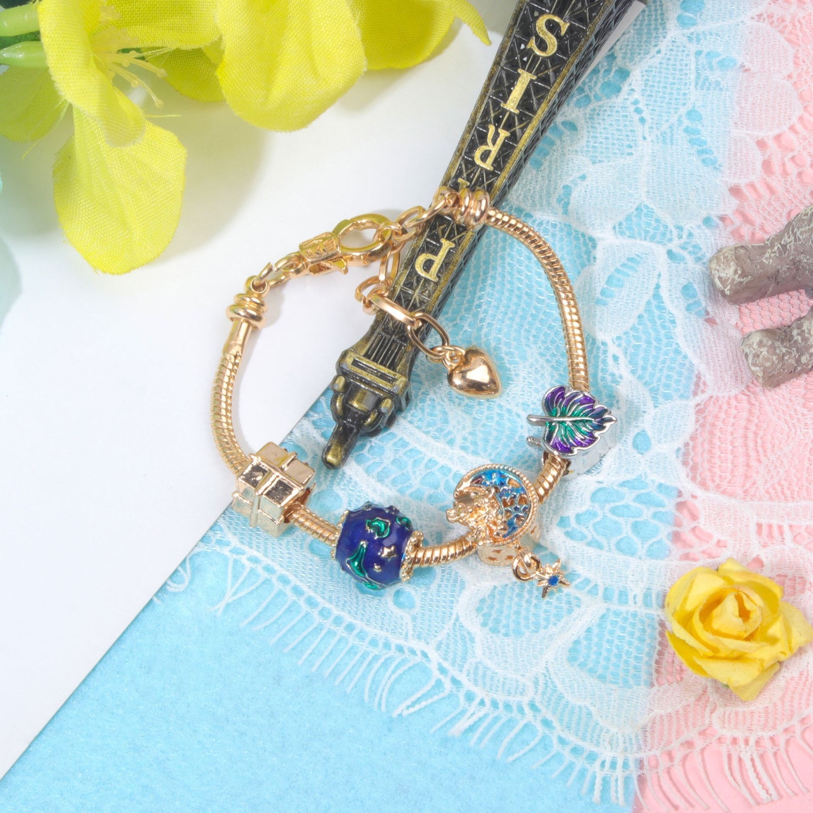 Colorful Leaf Moon Star Pendant Versatile Gold Bracelet(16cm)