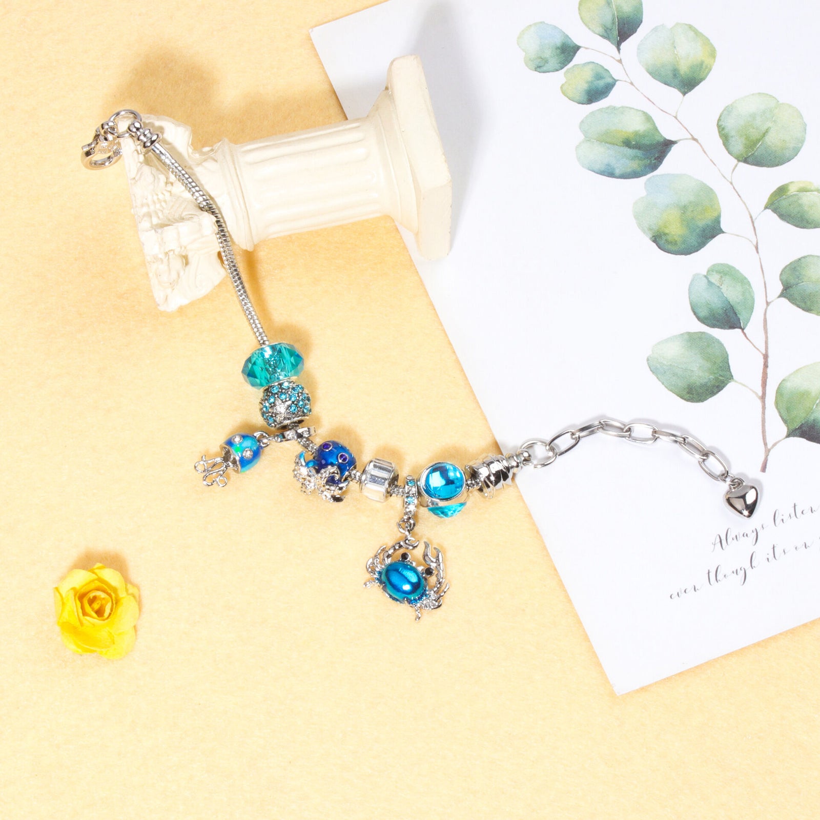 Cartoon Ocean Theme Bracelet with Octopus, Jellyfish, Crab Charms & Crystal Rhinestone Beads(18cm)