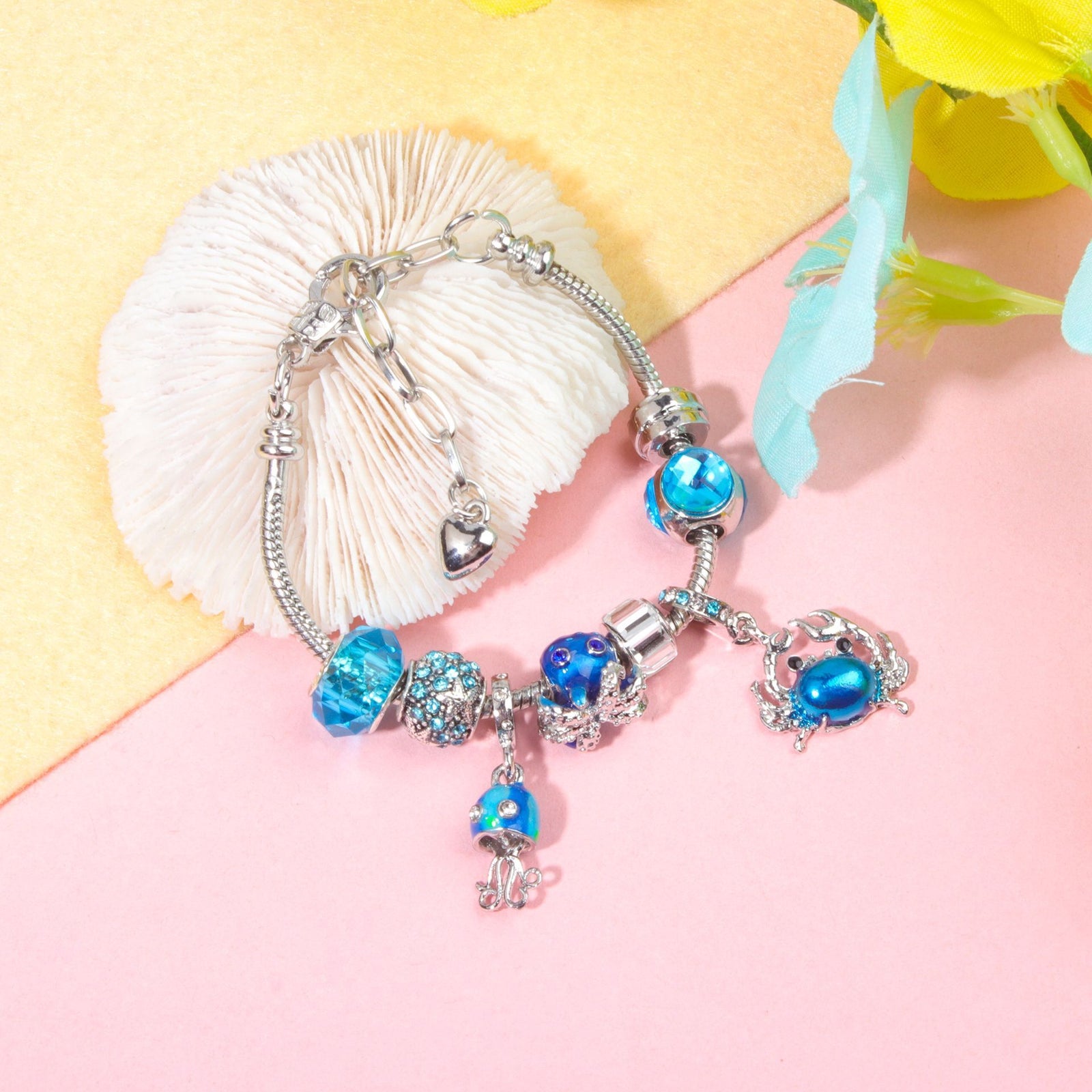 Cartoon Ocean Theme Bracelet with Octopus, Jellyfish, Crab Charms & Crystal Rhinestone Beads(20cm)
