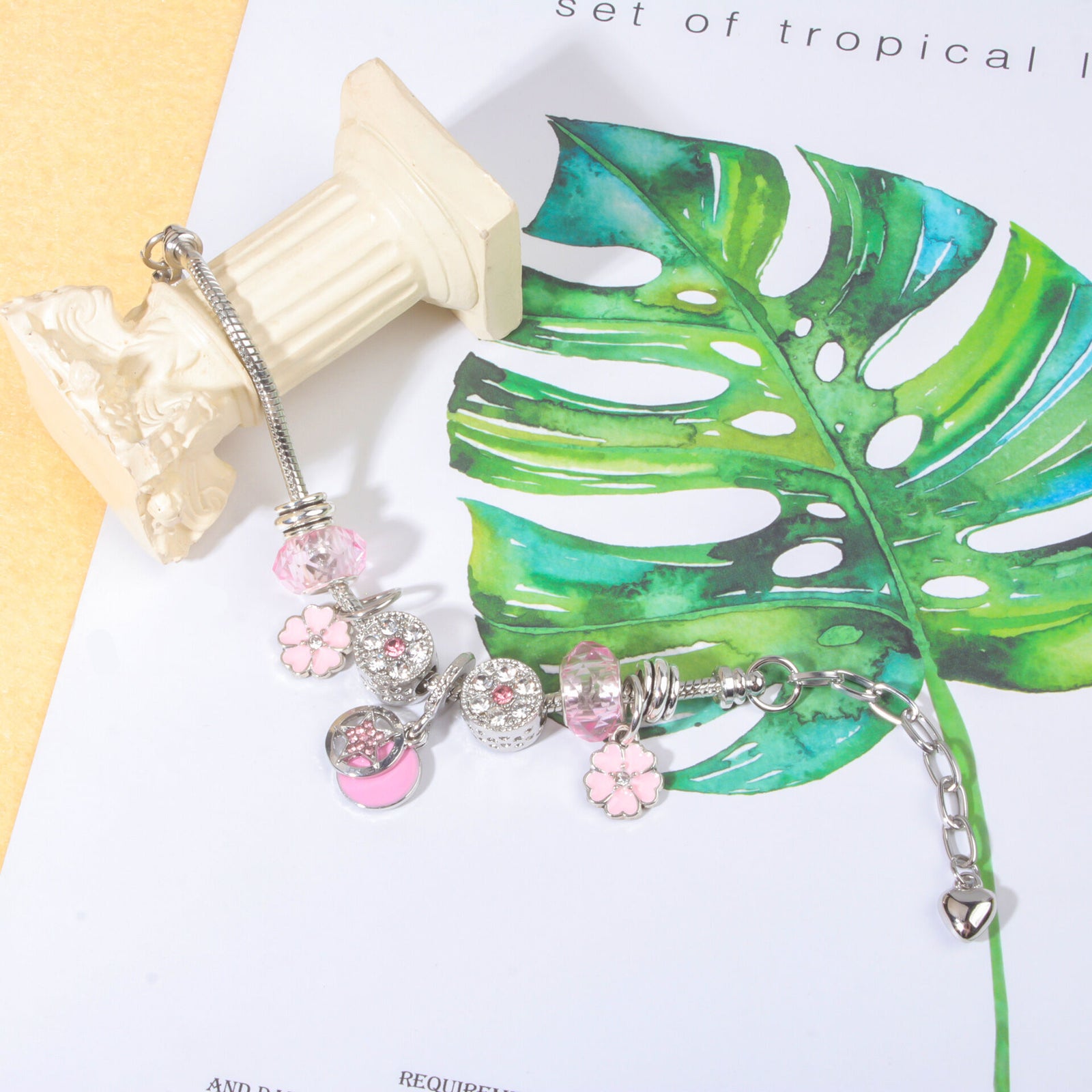 Chic Pink Crystal Beaded Bracelet with Magnolia & Star Pendant(21cm)