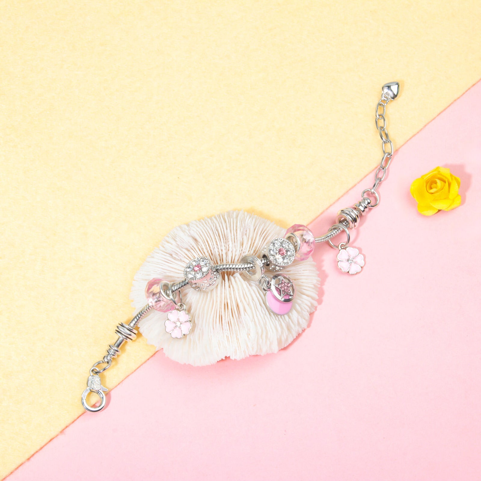 Chic Pink Crystal Beaded Bracelet with Magnolia & Star Pendant(21cm)