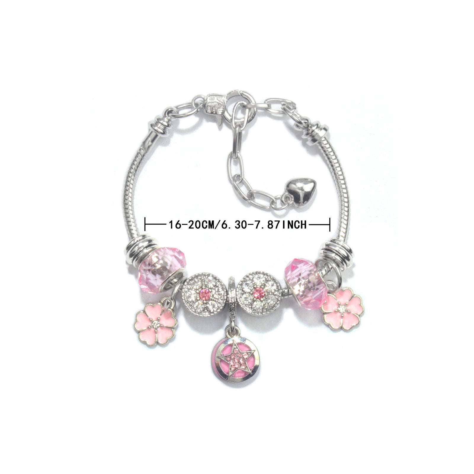 Chic Pink Crystal Beaded Bracelet with Magnolia & Star Pendant(21cm)