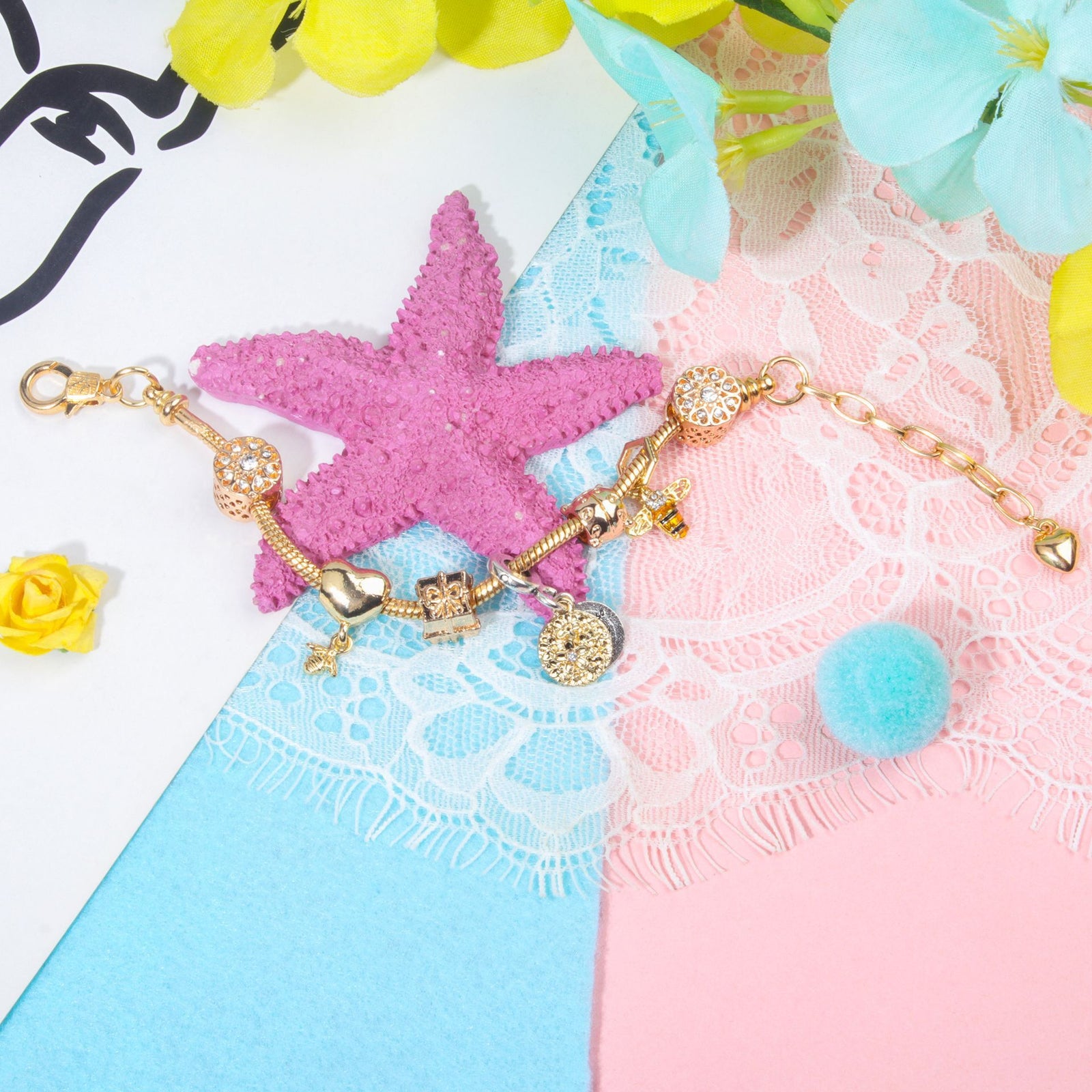 Golden Heart & Bee Charm Bracelet with Rhinestones, Hollow Flower & Gift Box Beads(20cm)