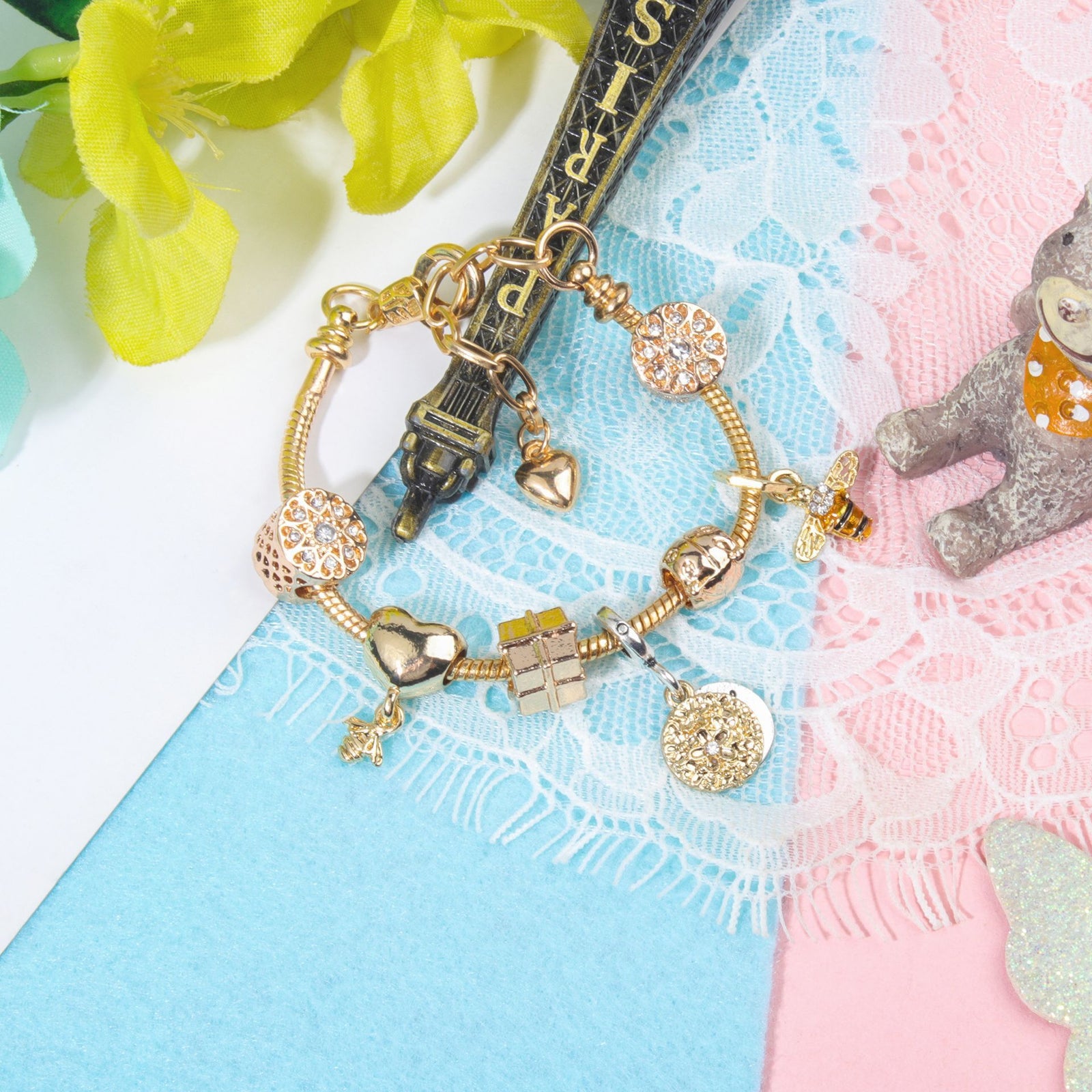 Golden Heart & Bee Charm Bracelet with Rhinestones, Hollow Flower & Gift Box Beads(21cm)