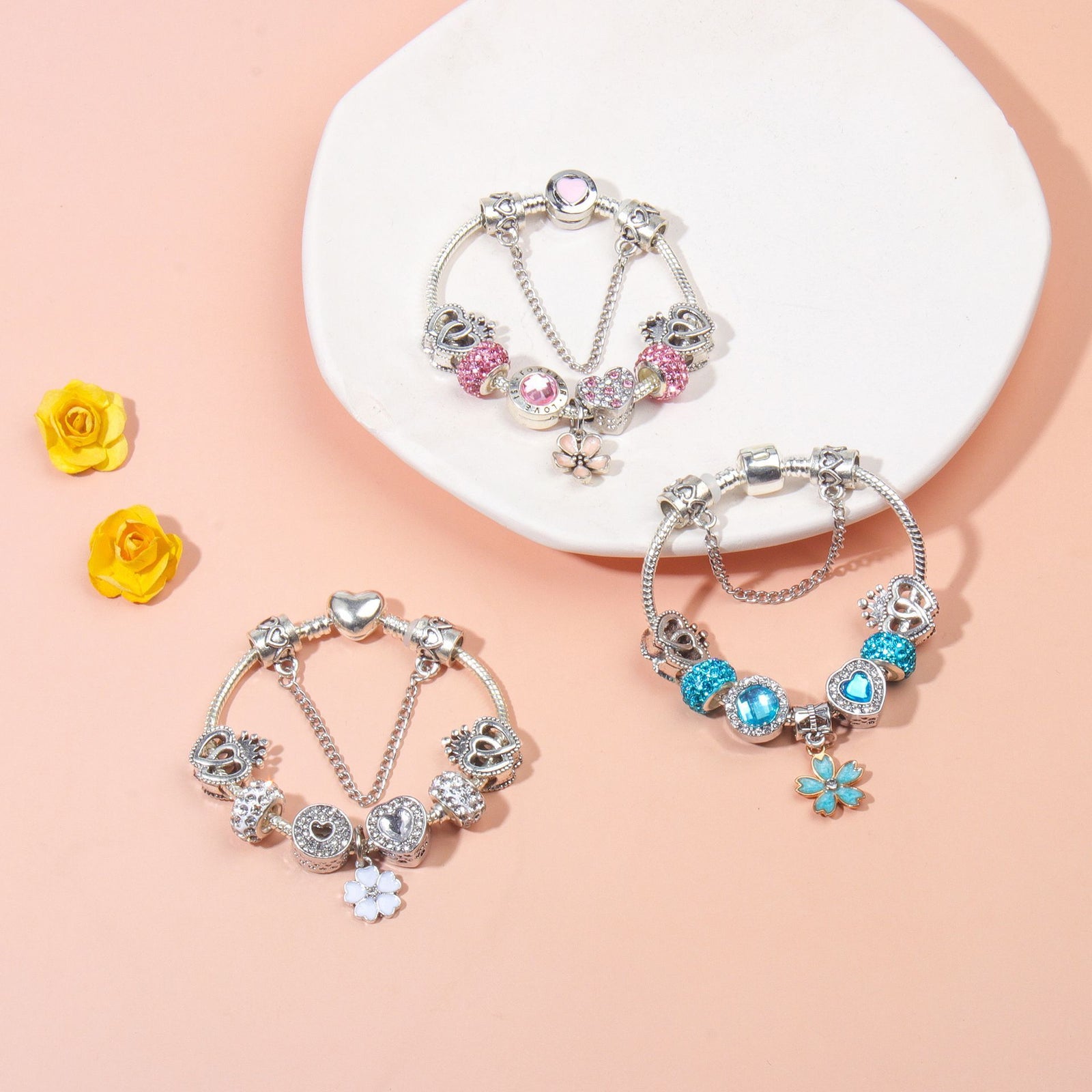 Rhinestone Heart & Crown Bead Bracelet,Fashion Sweet Jewelry for Women(pink-16cm)